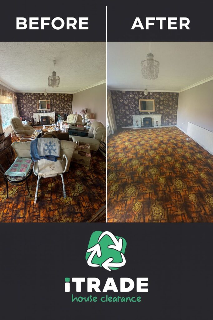 Before-and-after view of a cluttered bungalow room cleared in West Norfolk